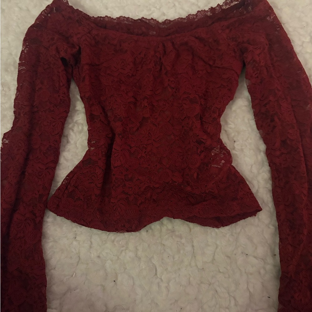 shein burgundy off the shoulder crop top , lacey